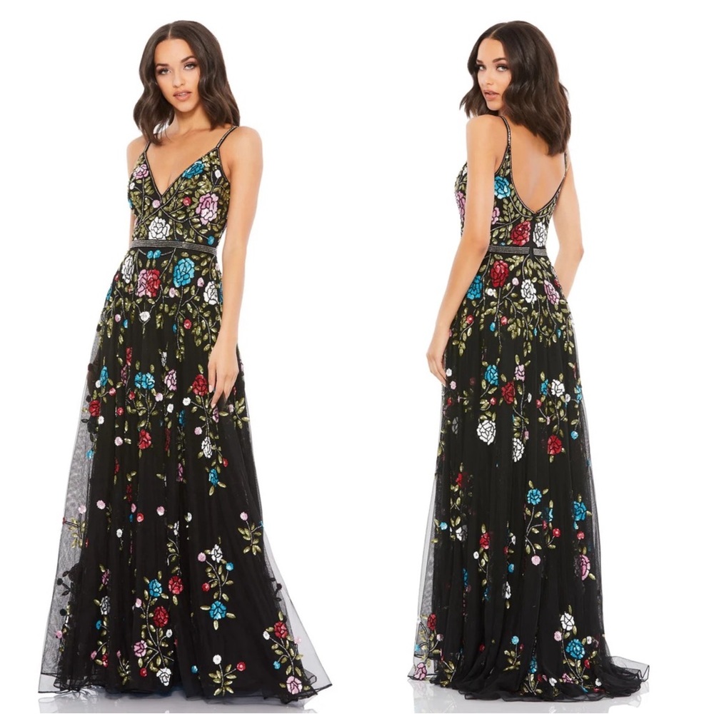 Mac Duggal Black Floral Embroidered V-Neck Maxi Dress